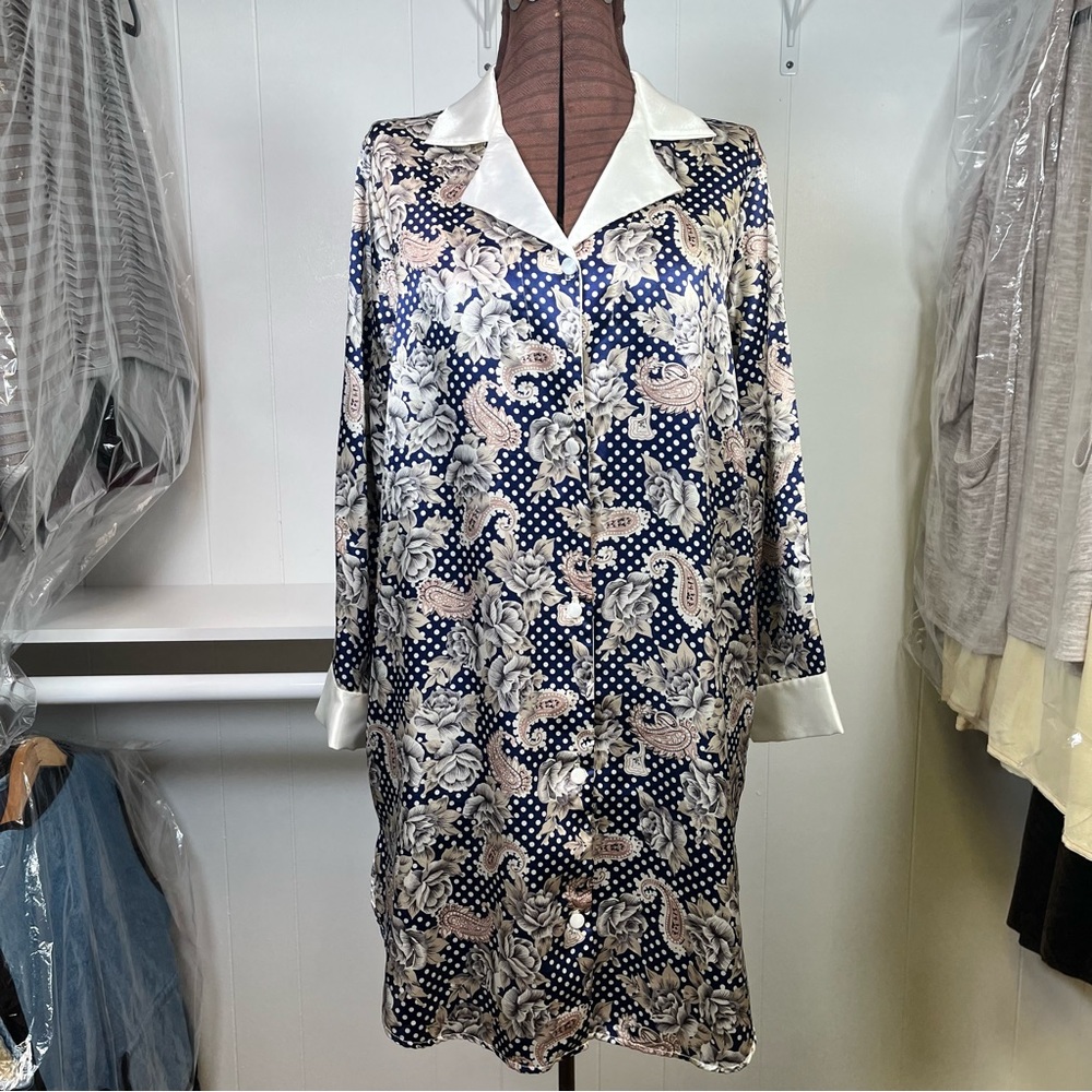 Vintage Paisley Floral Polka Dot Button Front Collared Sleep Shirt Dress